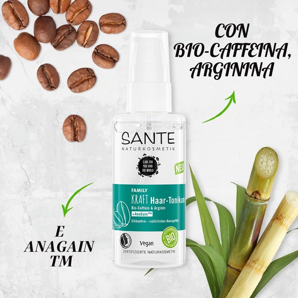 SANTE Naturkosmetik Spray rinforzante contro la perdita dei capelli, trattamento del cuoio capelluto per capelli sani e pieni con caffeina biologica, arginina e anaGin, tonico per capelli, 1 x 75 ml