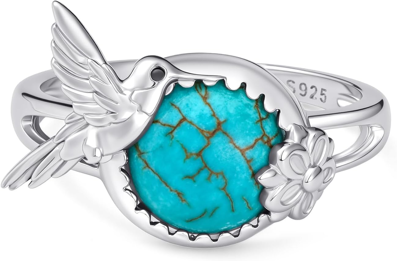 Genuine Turquoise Hummingbird Rings for Women 925 Sterling Silver Adjustable Hummingbird Ring Nature Gemstone Rings Real Turquoise Jewelry for Women