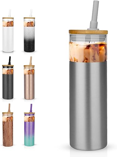 Tronco Vaso de vidrio aislado al vacío de 20 onzas con tapa y pajilla, mantiene las bebidas frías durante 12 horas, vaso de vidrio reutilizable para