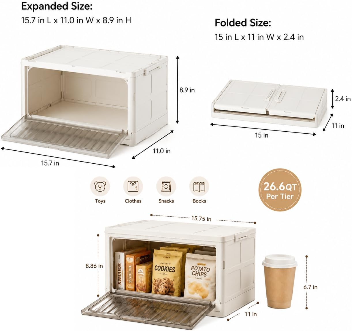 106QT Stackable Storage Bins with Lid, 4-Tier Collapsible Storage Cabinet | Foldable organizer with front access made for small bedrooms, dorm rooms, rental apartments, and everyday closet organization