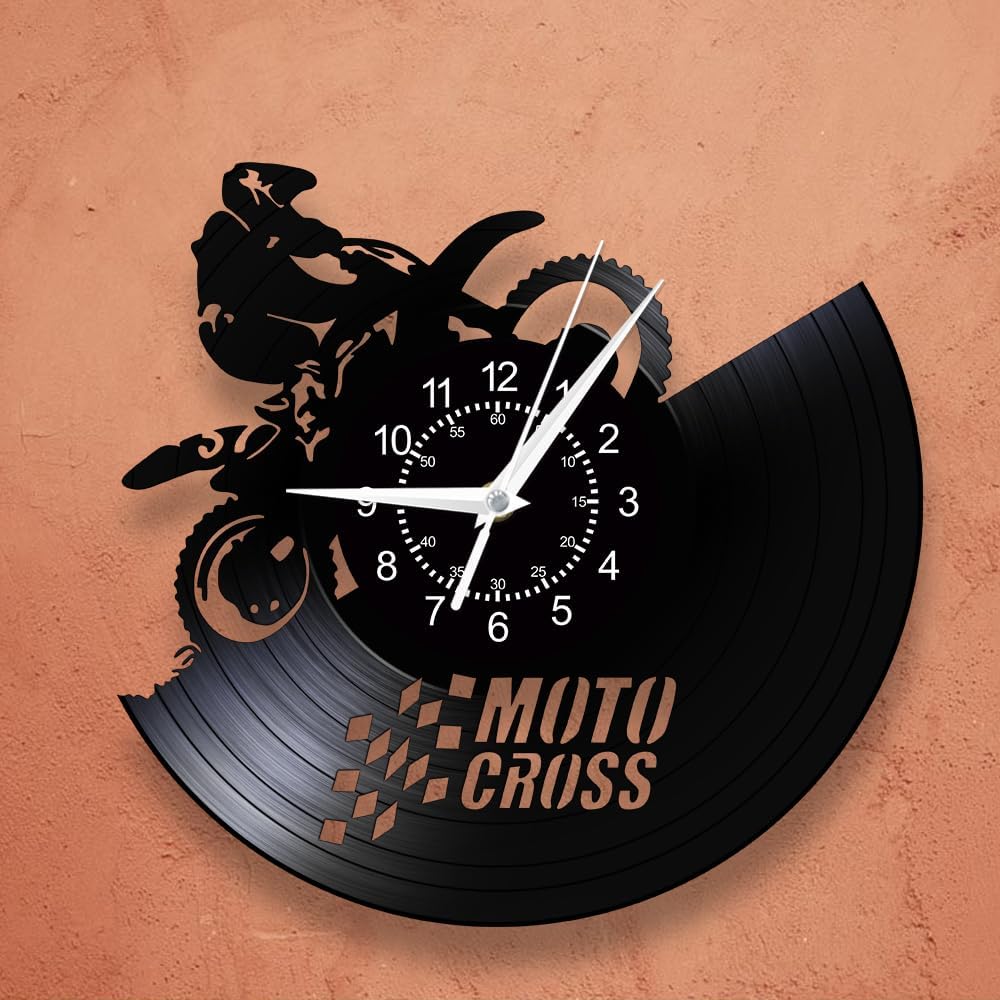 12 Inch Motocross Racing Wall Clock, Off-Road Motorcycle Extreme Sports Wall Clock Vinyl Record Wall Watch Clock Silent Non Ticking Battery Operated for Man Cave Boys Bedroom Game Room