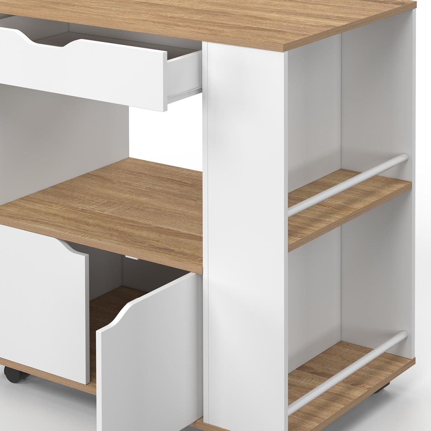 IDMarket - Mikrowellen-Küchenwagen COSI Schrank mit Schublade und Gewürzregal aus weißem Holz und Buchenholzplatten B.76 cm