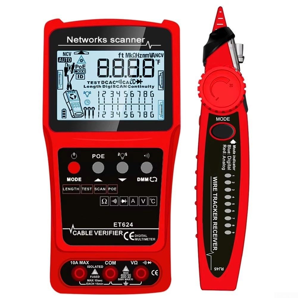 Testeur de câble réseau 3 en 1 ET628 avec fonctions multimètre, fil LAN pour lignes téléphoniques Ethernet, lampe de poche à écran LCD, sensibilité réglable, pointeur rouge inclus (ET624)