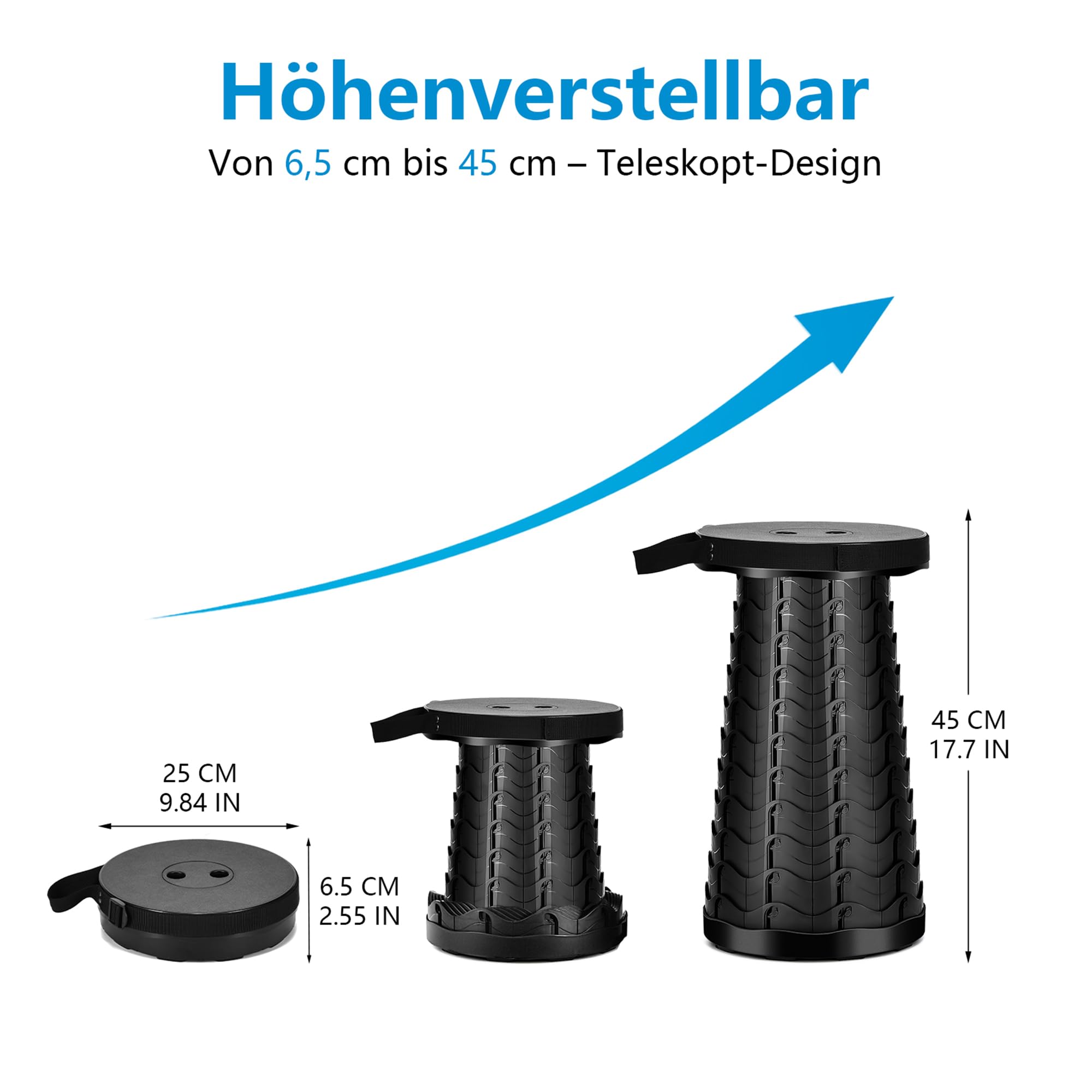 Tragbarer Teleskophocker Klapphocker Faltbar – imodomio Höhenverstellbarer Campinghocker 6–45 cm, bis 180 kg belastbar, Leichter Hocker für Camping, Outdoor, Angeln, Garten & Reisen