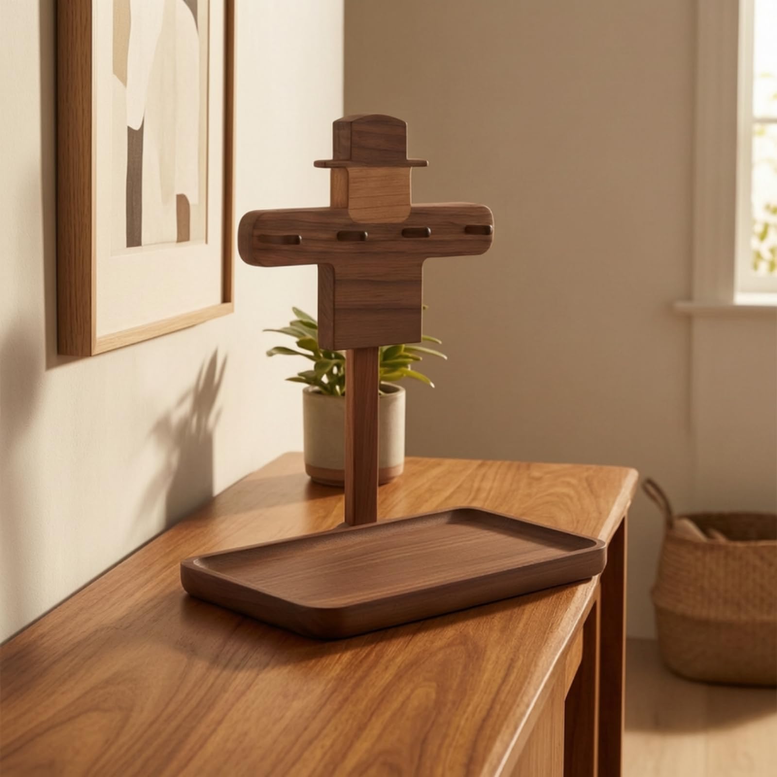 Key Organizer Tray Portachiavi Supporto Vassoio Base Organizzatore Svuotatasche Figura Spaventapasseri in Legno con Appesi Design Compatto in Wengé