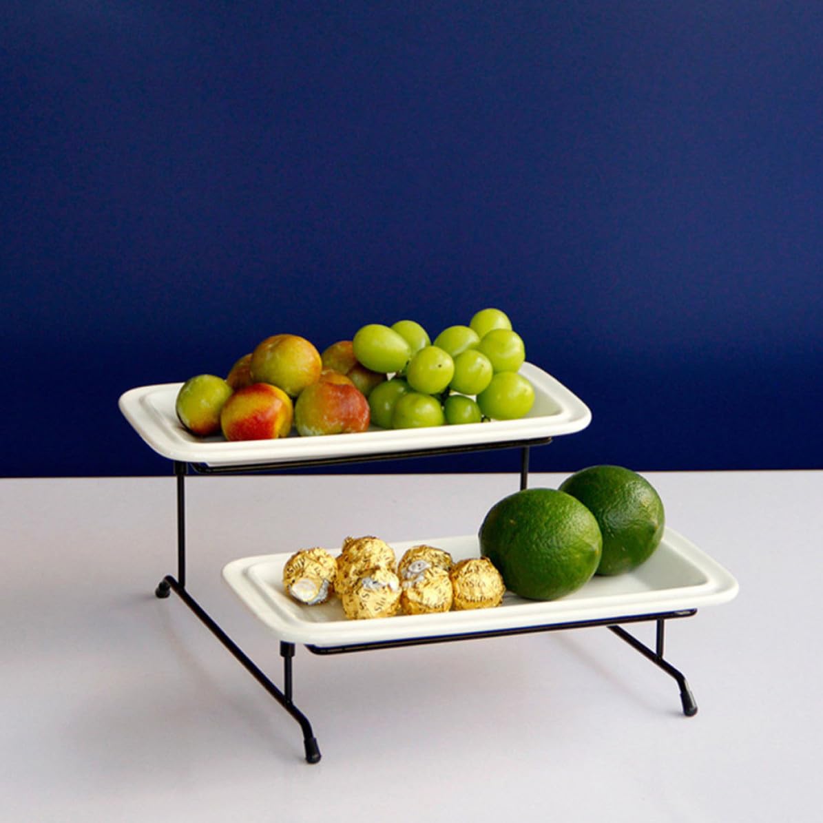 Portafrutta a Due Piani Smontabile Bianco Ferro Ceramico | Caramelle e Frutta, Vassoio per Dessert e Snack, Adatto a Caffè e Pasticceria