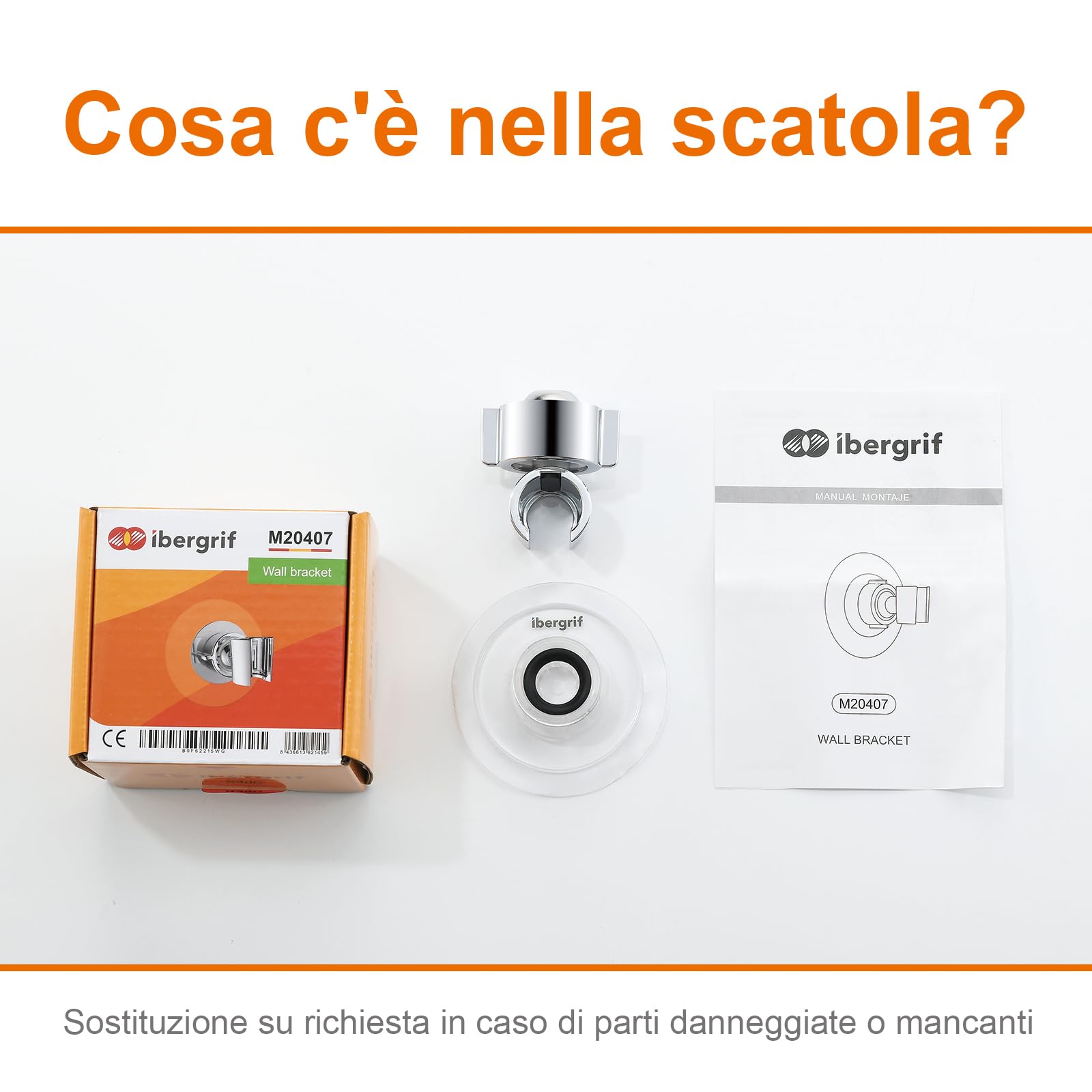 Ibergrif M20407 Supporto per Doccia, Adesivo Staffa Soffione, Doccia Senza Necessità di Trapano, rotazione a 360°, adatta per casa, hotel, bagno