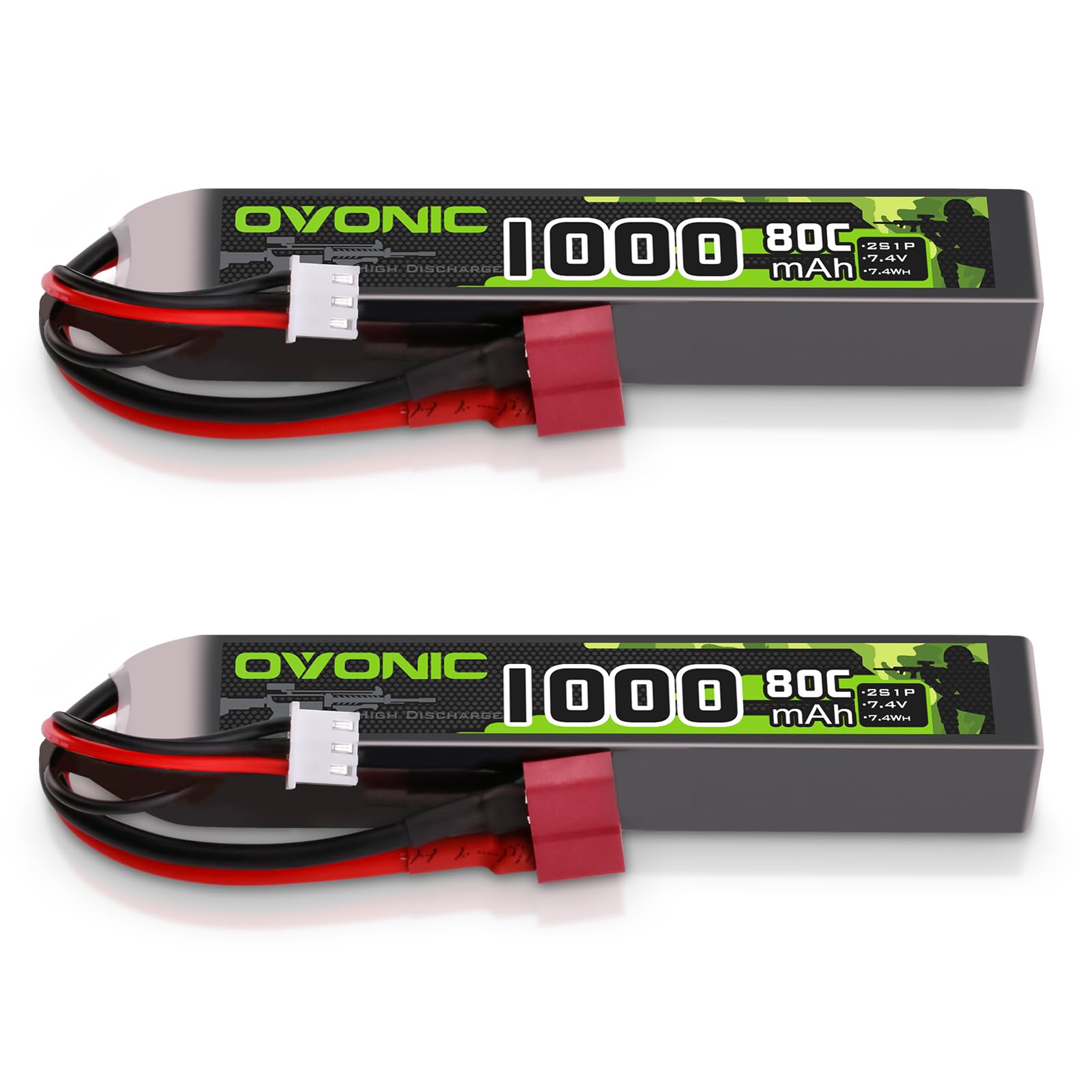 OVONIC 2S Lipo - Batteria Lipo 7,4 V, 80 C, 1000 mAh, con spina Deans T per Airsoft Guns (2 pezzi)