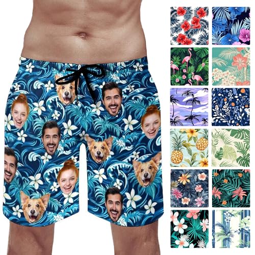 Custom Mens Swim Trunks with Face Personalized Photo Hawaiian Swim Shorts Customized Funny Beach Board Shorts