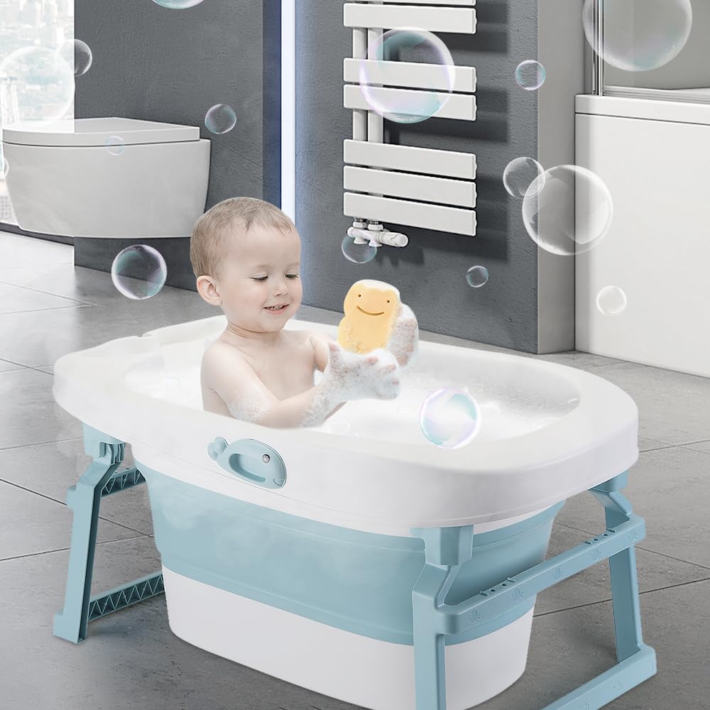 Gran bañera plegable para bebé con asiento de ducha, ducha para bebé, XXL, patas antideslizantes, tapón de drenaje -3 en 1 (azul, 85,3 x 55,5 x 43,7 cm)