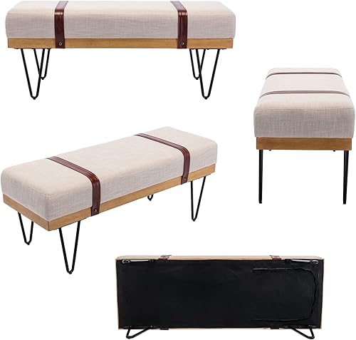 Miniatura 7 de DUOMAY Banco otomano rectangular de lino moderno industrial con correa de poliuretano y patas de metal, mesa de comedor de mediados de siglo,