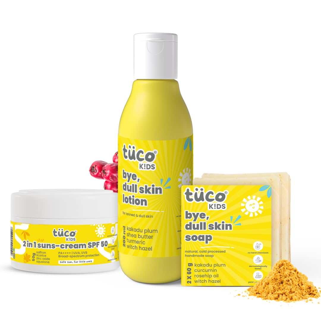 TuCo Kids Dull Skin Kit – Soap (60 gm x 2), Lotion (200 ml) & Sunscreen (50 gm), Safe, Paraben Free & Sulfate Free for Ages 3-15 (Combo Pack of 3) TuCo Kids Dull Skin Kit – Soap (60 gm x 2), Lotion (200 ml) & Sunscreen (50 gm), Safe, Paraben Free & Sulfate Free for Ages 3-15 (Combo Pack of 3)