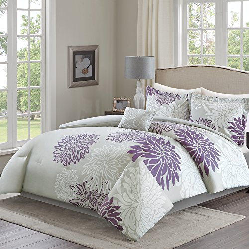 Comfort Spaces - Cs10-0024 Enya 5 Piece Comforter Set Ultra Soft Hypoallergenic Microfiber Floral Print Bedding, King, Purple/Grey #TOP2