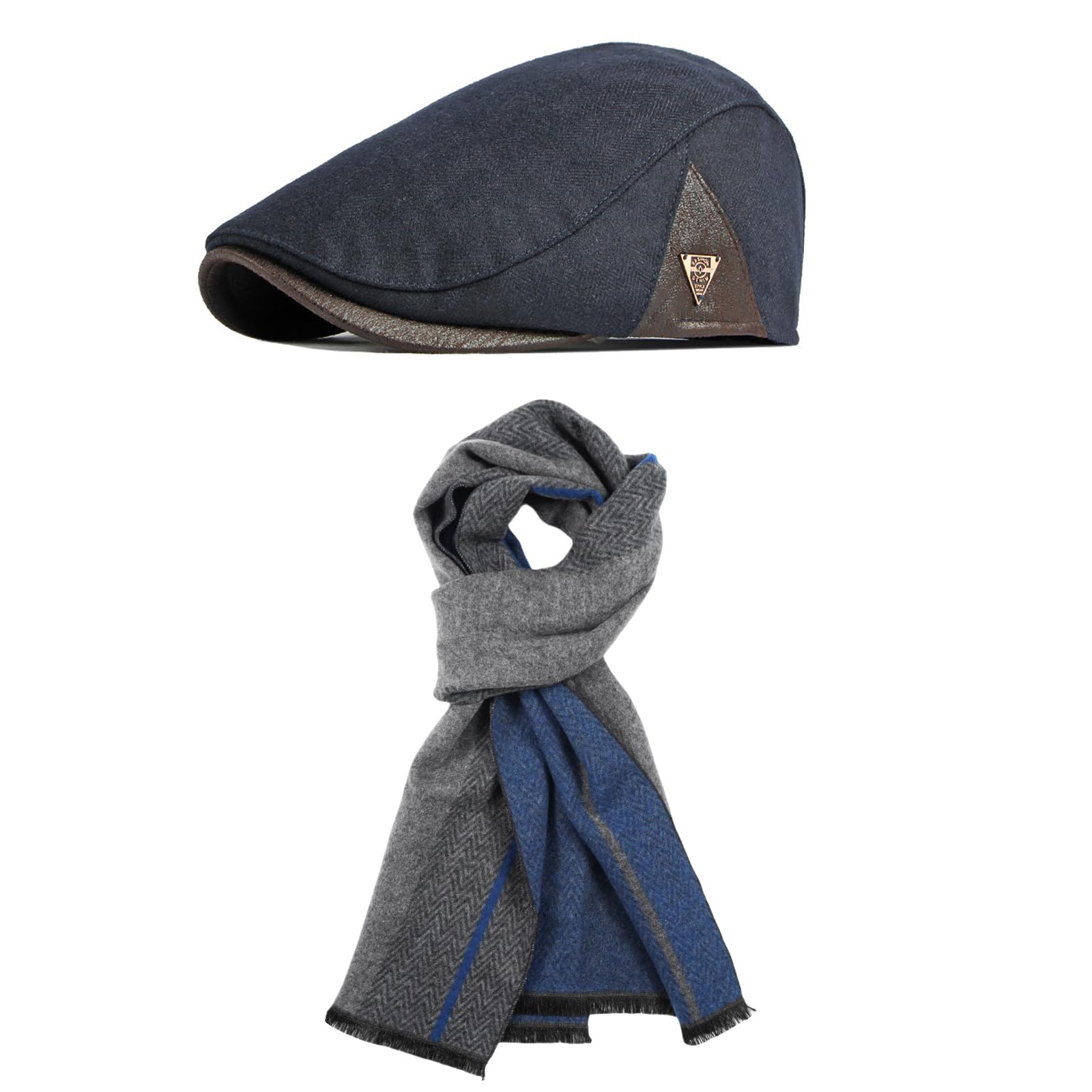 Conjunto de Gorra y Bufanda para Hombre, Boinas Cuadros Vintage Beret Cap Newsboy Flat Cap, Caliente Bufanda con Borla, Accesorios Clásicos de Invierno, Regalo para Hombre