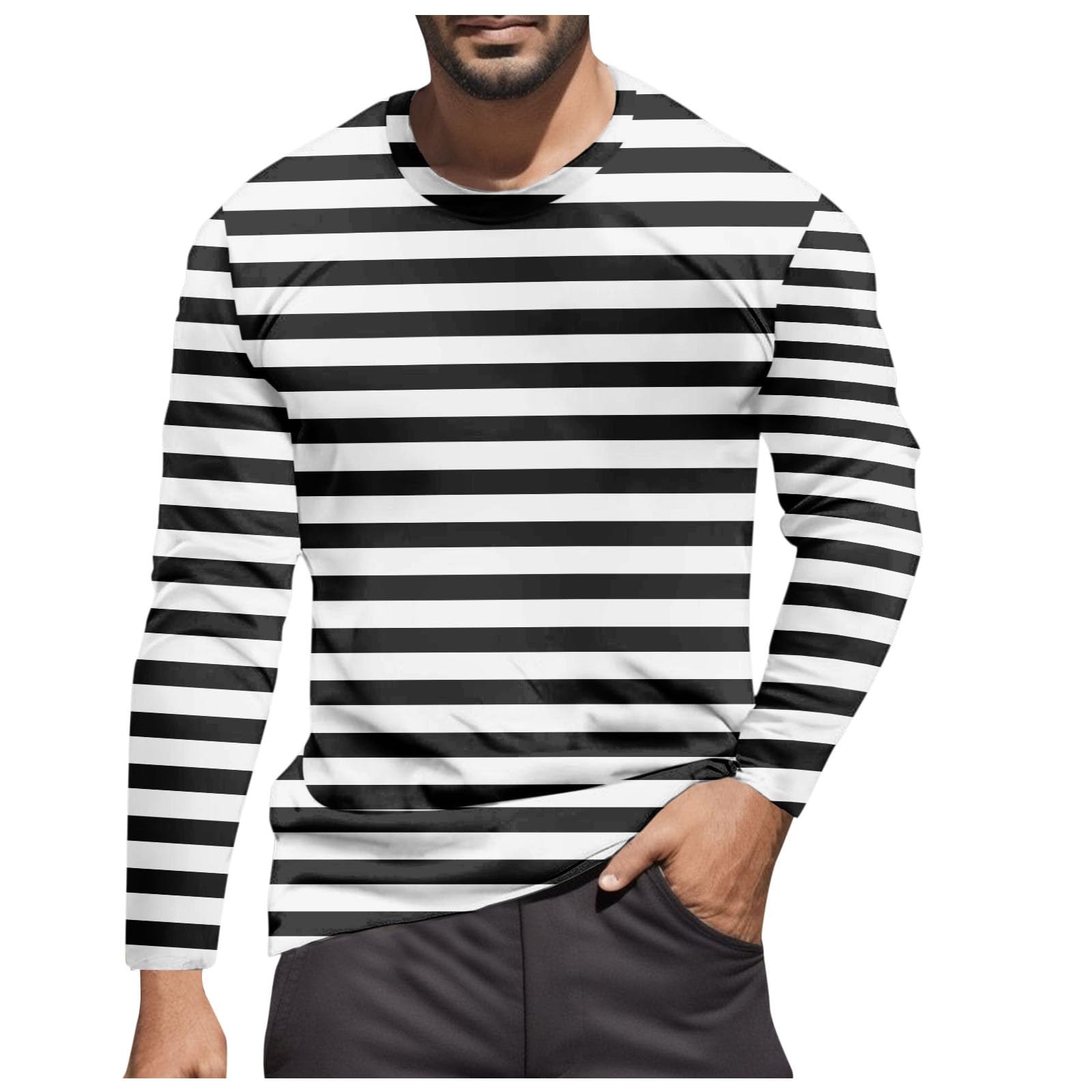 Striped Shirt Men Women Red White Long Sleeve T-Shirt Carnival Long Sleeve T-Shirt Horizontal Stripes Wide Stripes Fine Stripes Crew Neck Leisure Top Striped Shirt Fancy Dress Costumes, Black-10, XL