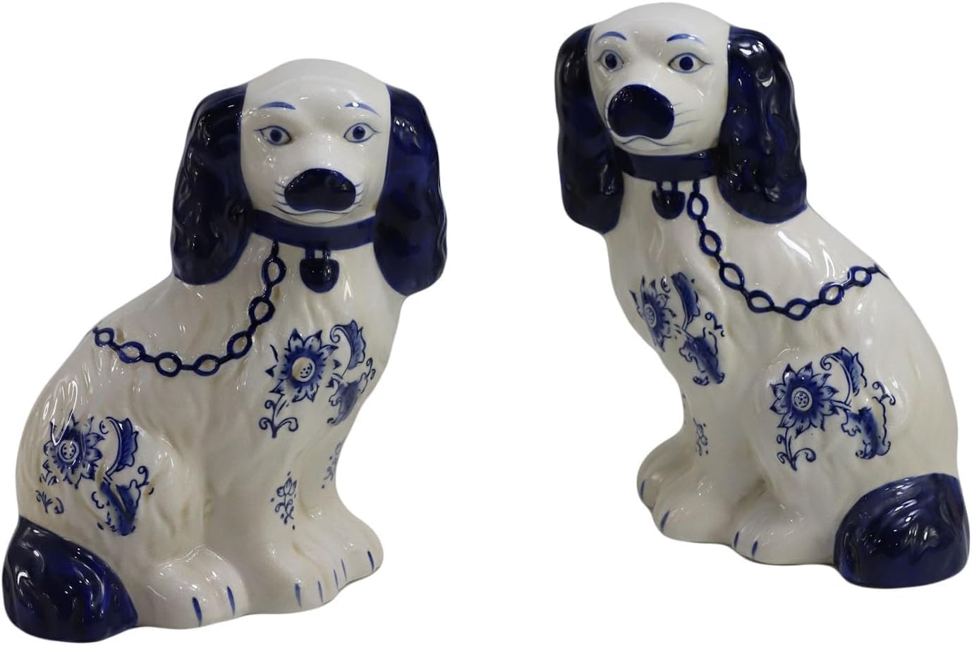Hand Painted Porcelain Blue& White 9.4" H Dog with Chain Pair of Figurines Statue Ceramic Collectibles Home Décor