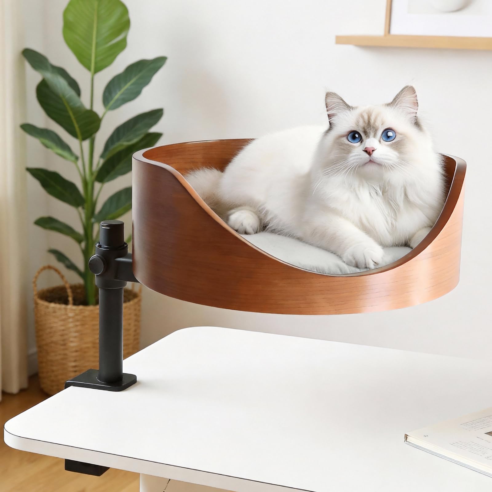 Katzenbett für Schreibtisch mit Haustiermatte,Höhenverstellbares Katzenbett,360° Drehbarer, unterstützt bis zu 35lb,Einklemmschutz und platzsparend, katzenbetten für Tische und Fenstersims