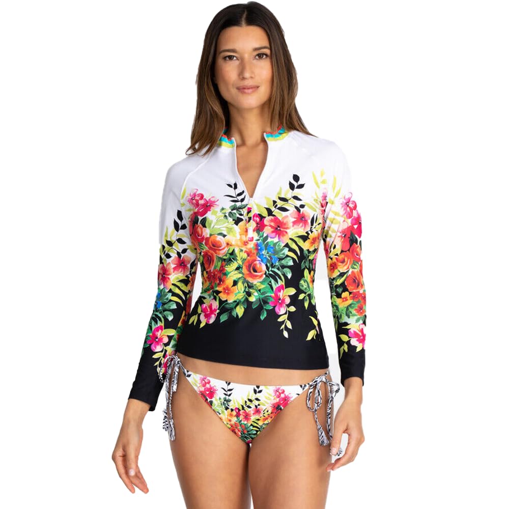 Johnny Was Floral Border Surf Long Floral Swim Shirt Rash