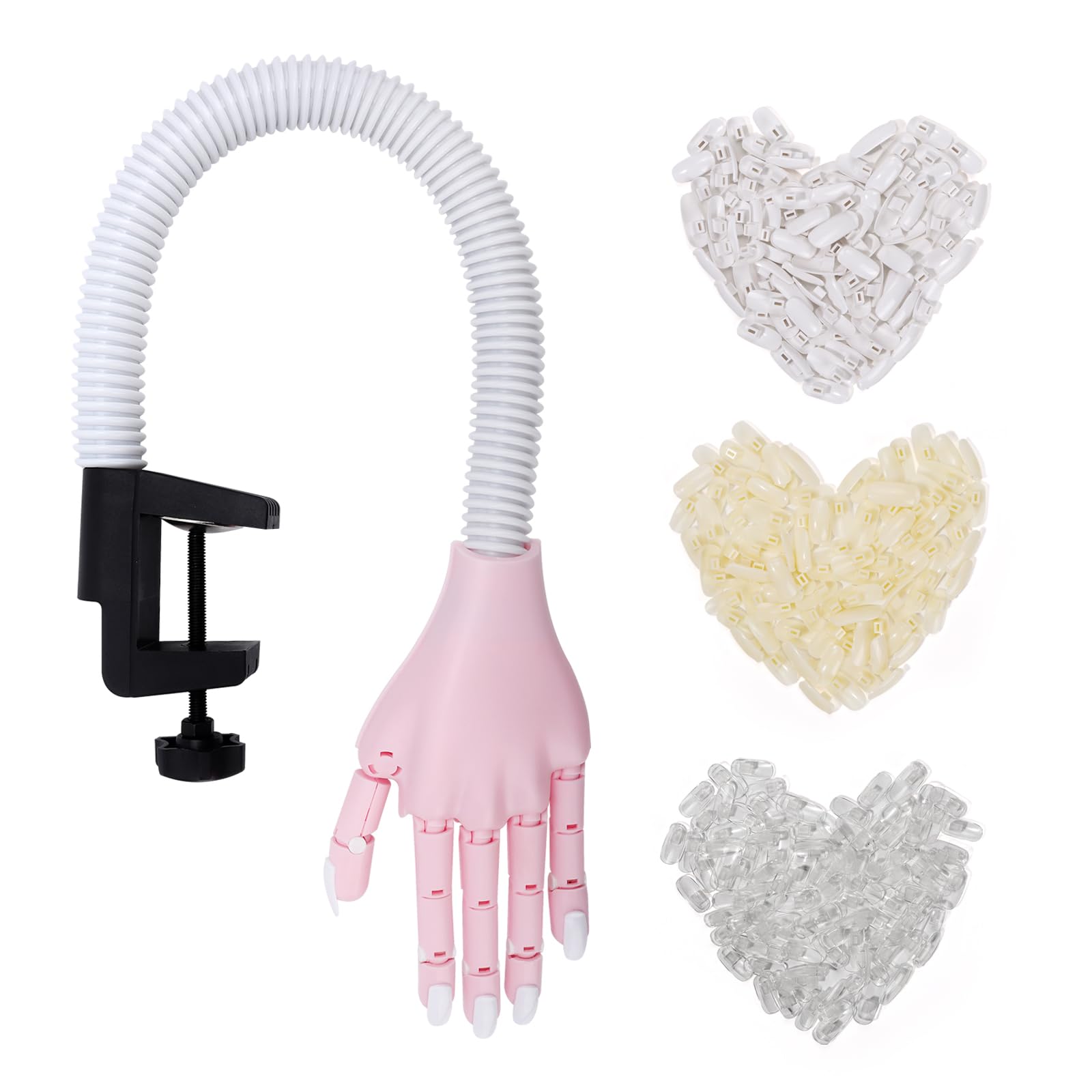 Deciniee Practice Hand for Nail Design, Flexible Nail Practice Hand with 300 Pieces, Transparent/White/Natural Nail Tips, Professional Adjustable Nail Hand Practice Model, Nail Manicure, Pink