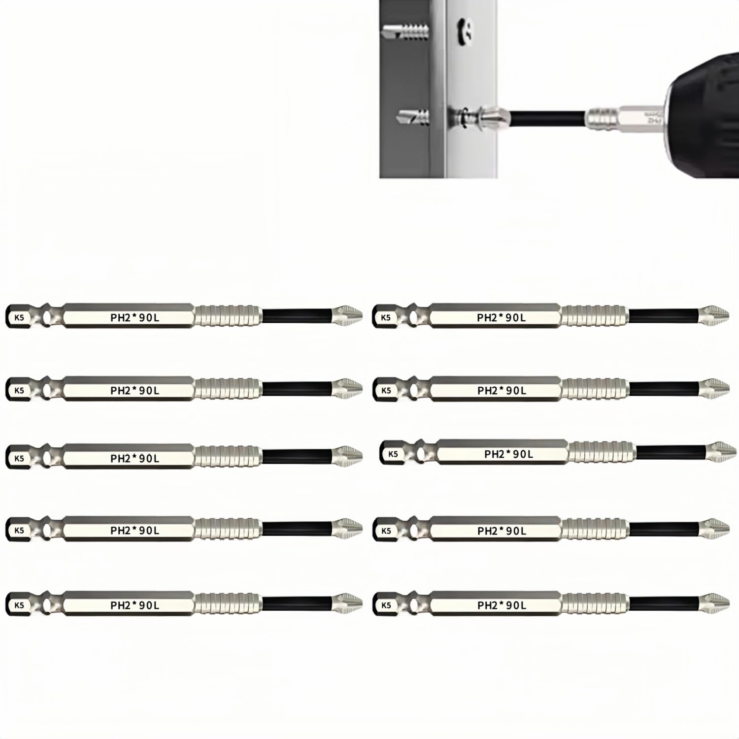 MiJunHD Impact Phillips Screwdriver Drill Bit Set K5 High Magnetic Anti Slip PH2 Screwdriver Bits 1/4 inch 6.35mm Hex Shank Cross Screwdrivers 10Pcs 90mm