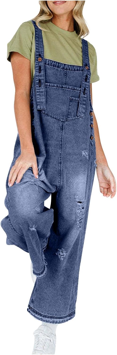 Fashion Denim Overall Women Straight Wide Leg Bib Jeans Overall Adjustable Straps Denim Romper Stretch Jumpsuits