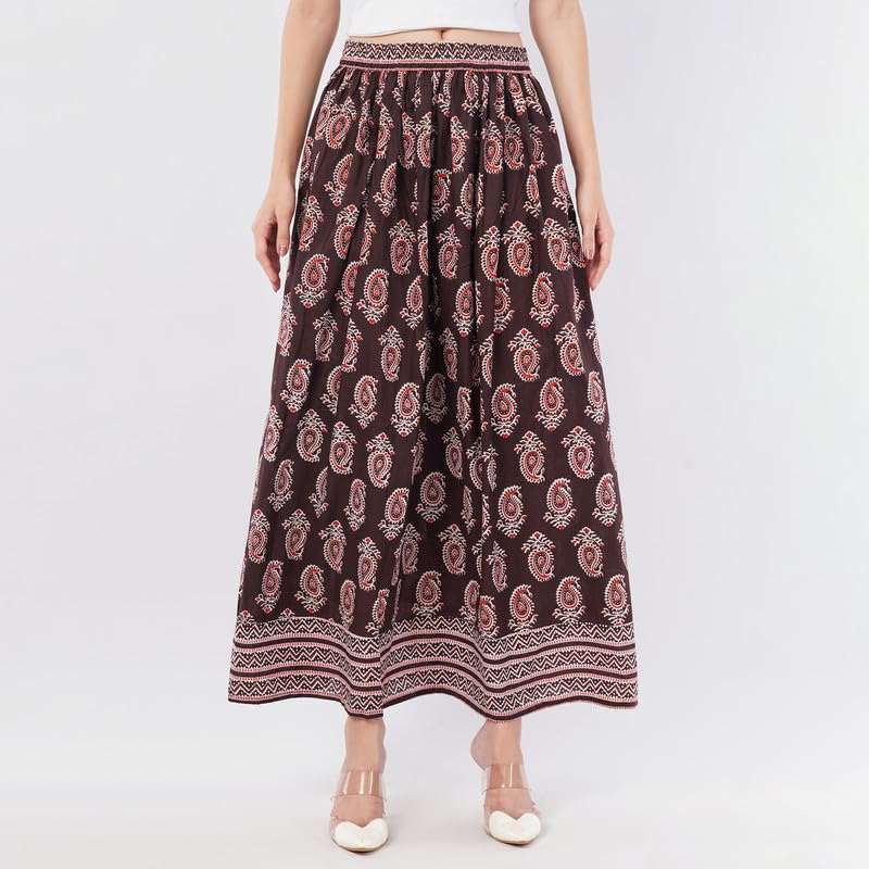 Rabhika Women’s Maroon Patterned Pure Cotton Panel Maxi Skirt, Stylish Ethnic Wear Long Cotton Skirt for Women| 2XL 4