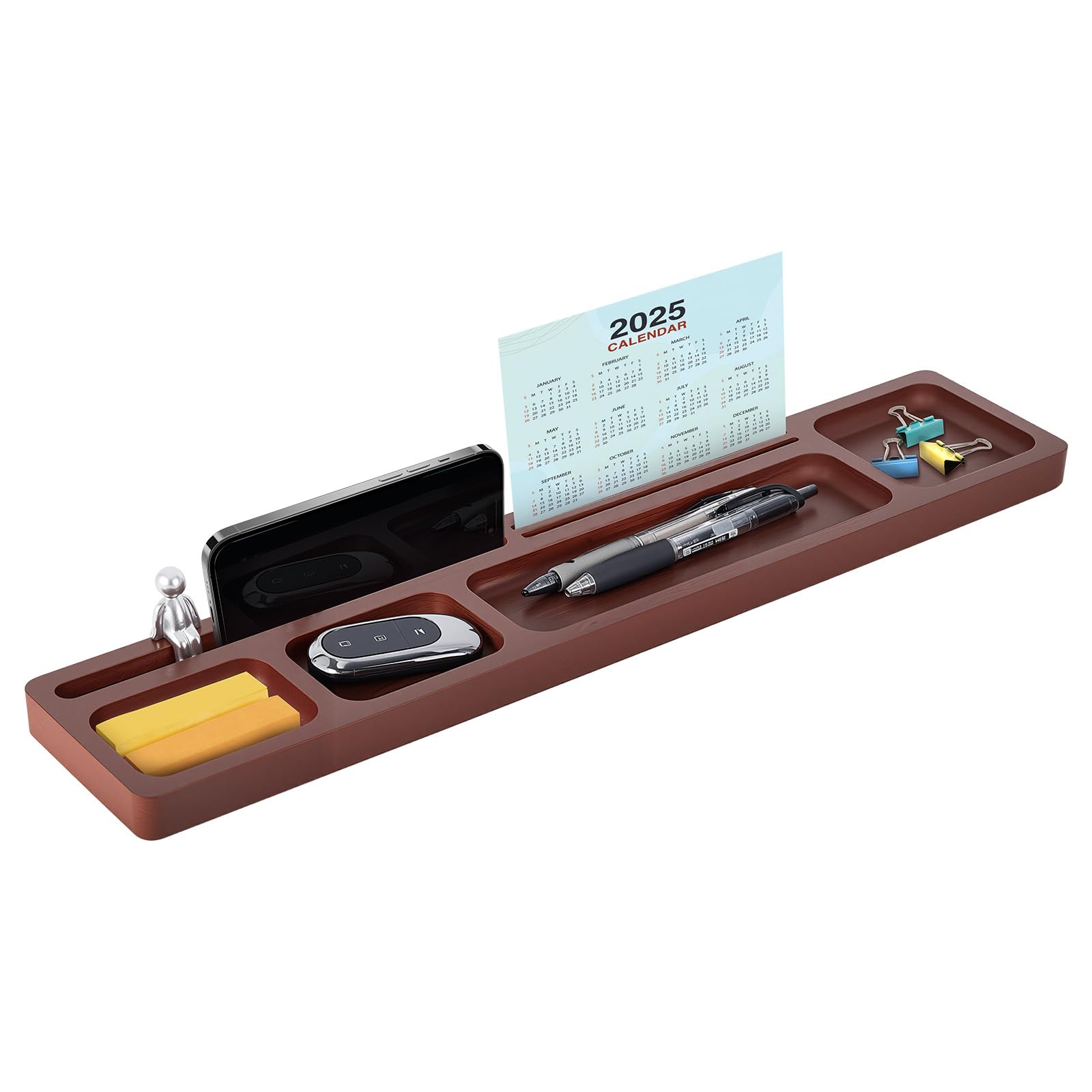Bandeja organizadora de escritorio de madera de nogal, accesorios de escritorio de nogal, bandeja de valet de madera, almacenamiento con múltiples compartimentos para escritorio de oficina y