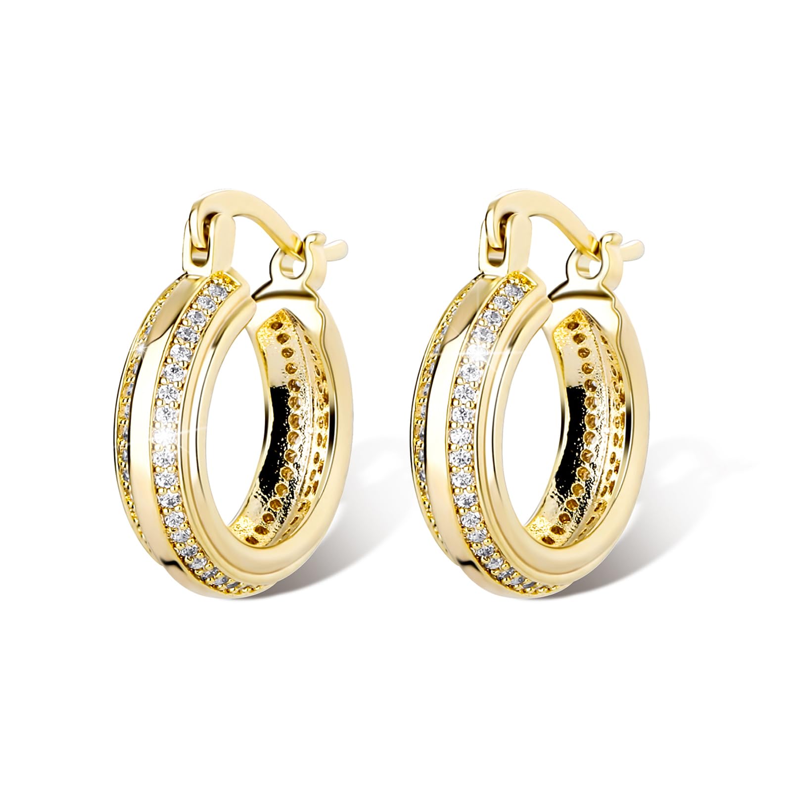 OYOGAA Iced Out Hoop Huggie Earrings 14K Gold Cubic Zirconia Cute Small Round Hoop Huggie Cartilage Hypoallergenic Earrings For Women Men