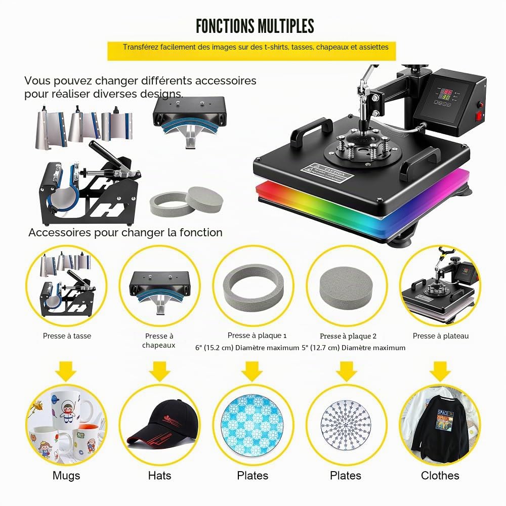 VEVOR Presse à Chaud 8 en 1 Presse de la Chaleur 38x 38cm Machine de Sublimation Textile Heat Press Pivotant à 360 Degrés pour t-Shirts/Tasse/Chapeau/Assiette/Casquette