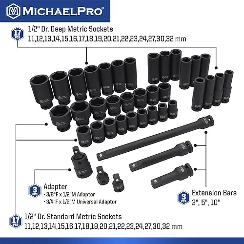 Miniatura 2 de MichaelPro Juego de dados de impacto de 1/2 pulgada tamaños métricos (11 a 1.260 in), juego de 40 piezas de enchufes profundos y estándar 1 2