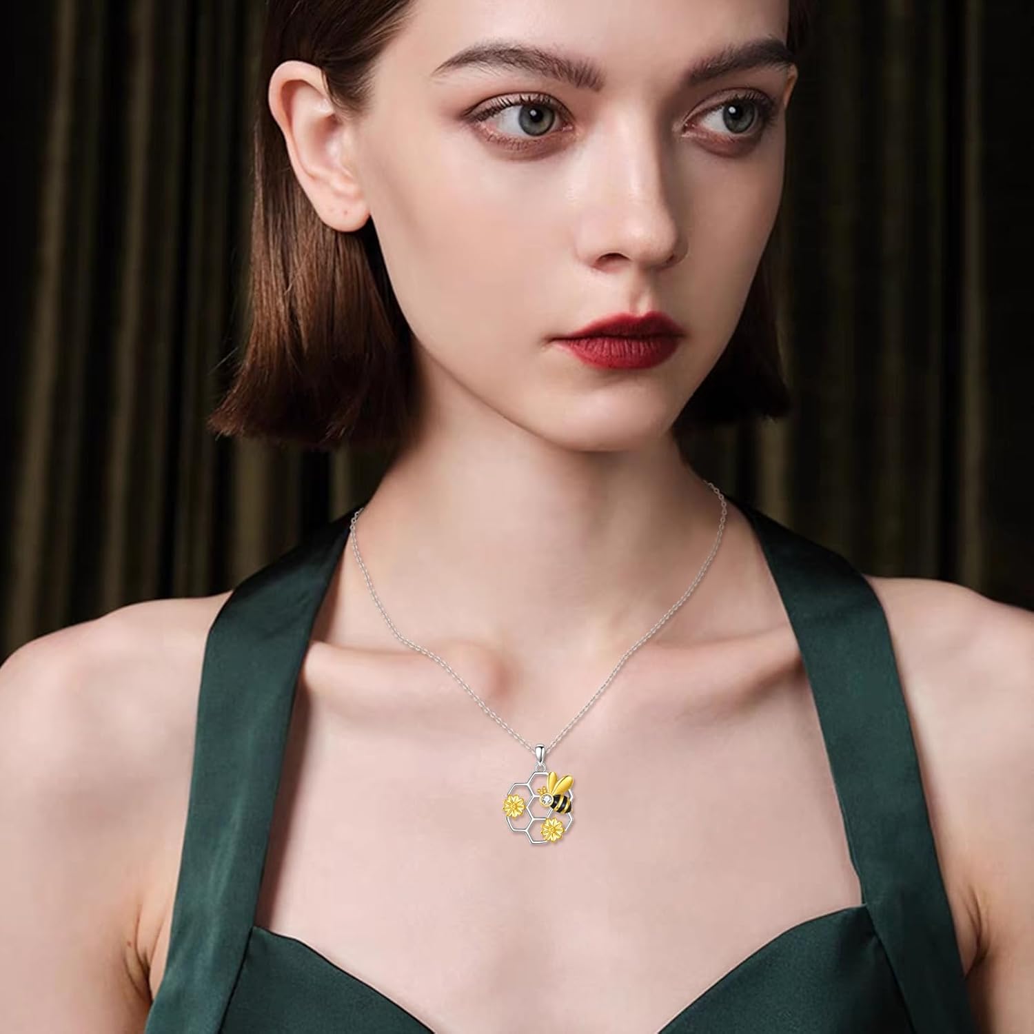 Bee Necklace 925 Sterling Silver Honeycomb Flower Cute Pendant Necklaces for Women Gifts for Her Women - Image 3