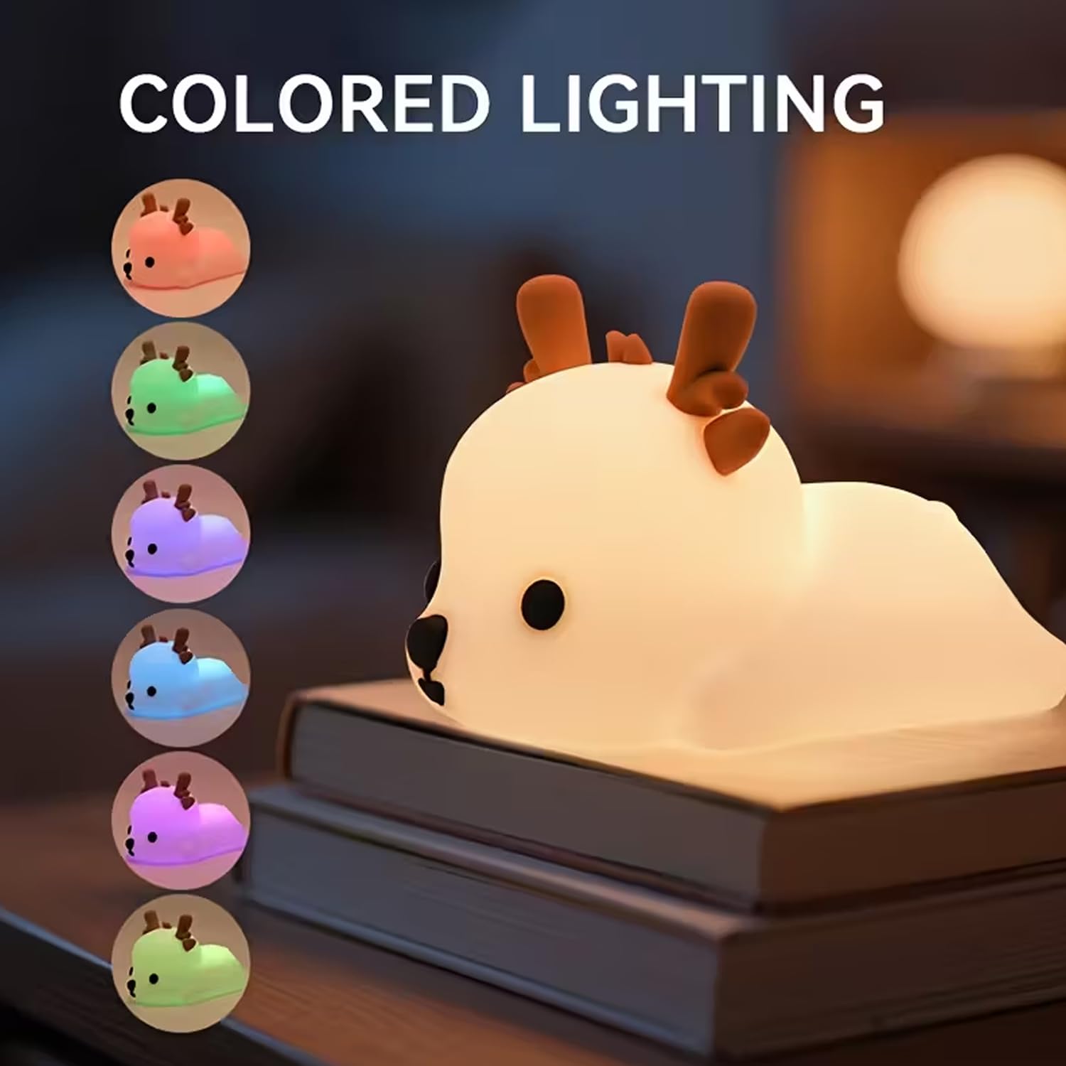 Luce notturna a LED per bambini Cervo Lampada da comodino Carina con 3 livelli di luminosità Luce silenziosa in silicone per neonati Lampada touch Ricarica USB Kawaii Luce camera da letto dei bambini