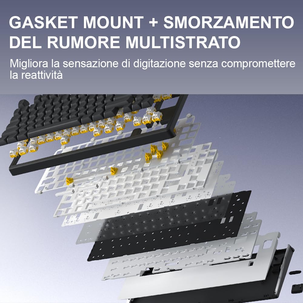 HATOR Skyfall 100 Pro Wireless Tastiera Gaming meccanica senza fili, Silent Switches, Hot-Swap, RGB, PBT, TFT Screen, 1000Hz, 2.4GHz/Bluetooth 5.3/USB-C, PC/Mac, EU/ISO Layout (QWERTY), Grigio/Nero