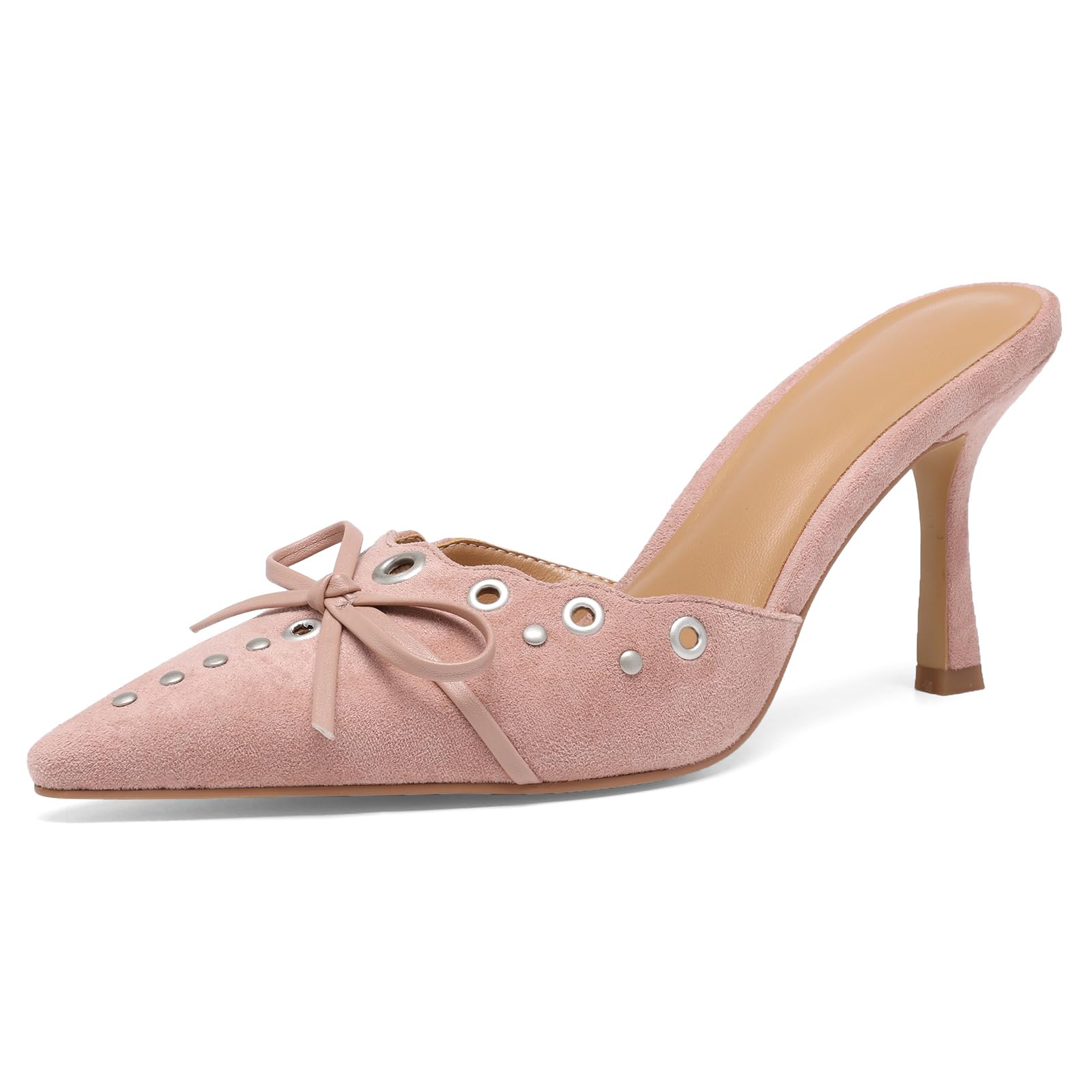 Studded Heeled Mules for Women Suede Slip On Bow Tie Pumps Shoes Backless Stiletto Heels Pointed Toe Dress Slide Sandals 10 Pink