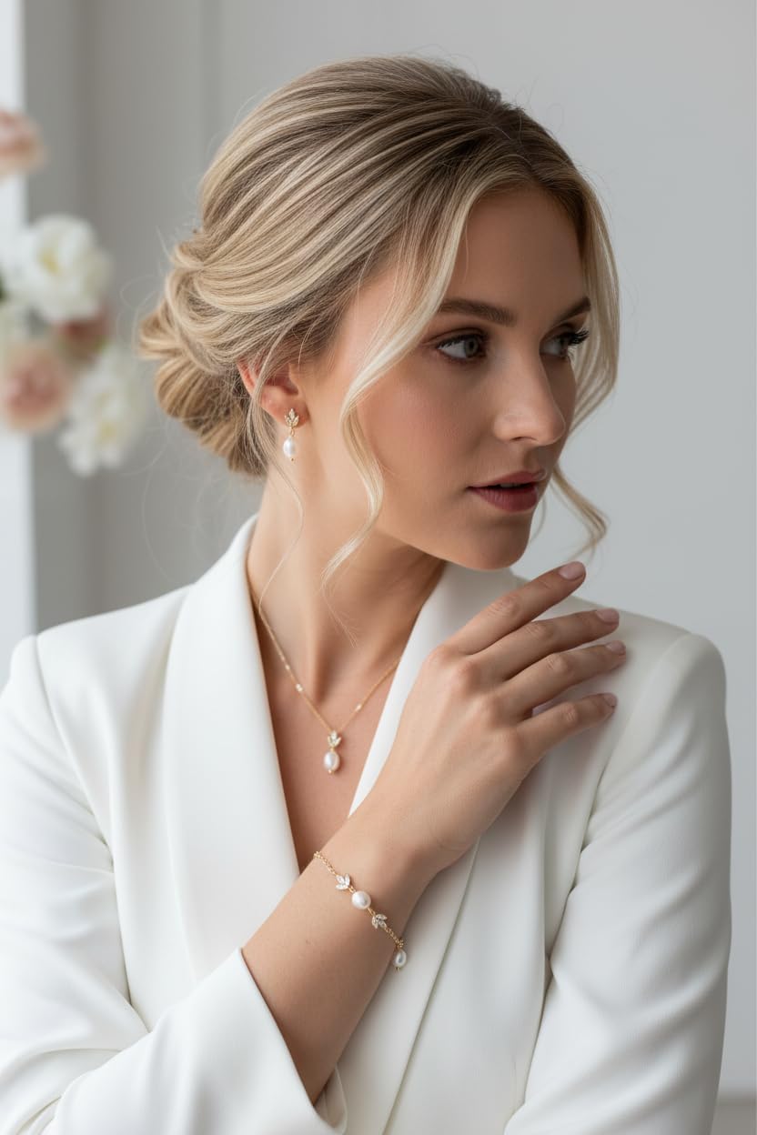 GOLD 3er PERLEN Set Zirkonia Strass Schmuck Kette Schmuckset Armband Kommunion Ball Abiball Hochzeit Brautschmuck