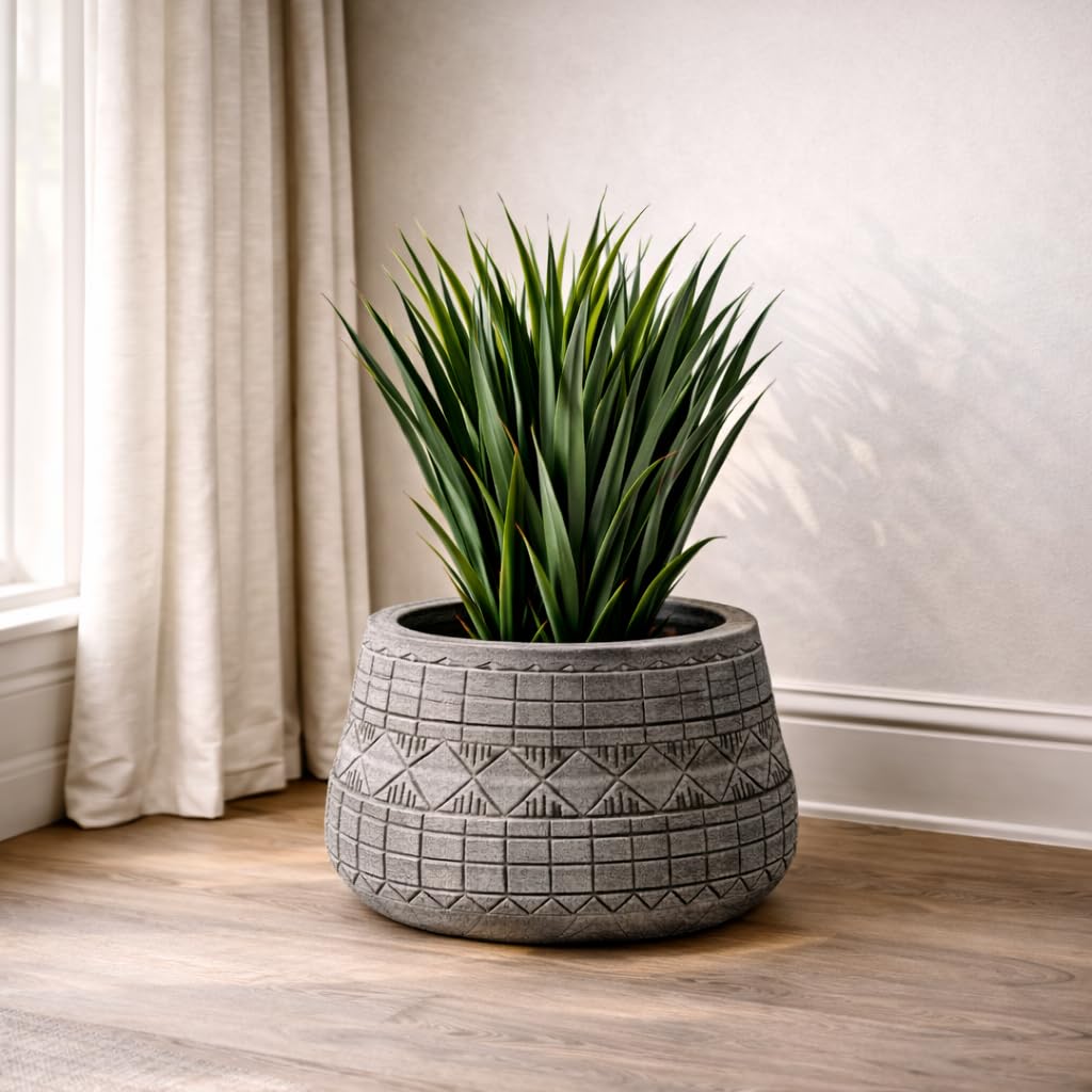 37cm Large Grey Embossed Planter Decorative Indoor Outdoor Flower Pot Container
