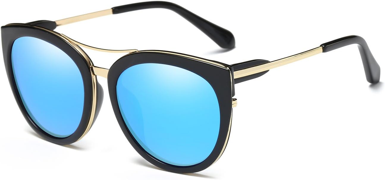 SPEEDM Polarized Cat Eye Mirrored Sunglasses With Metal Frame For Women sunglasses (Black, Black) (Black(p0832), Blue)