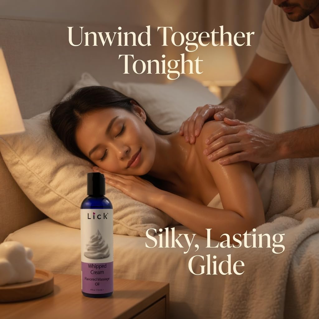 Lick Whipped Cream Flavored Massage Oil with Vitamin E - Warming Edible Body Oil for Couples Massage - Sweet Almond and Coconut Oil Blend - Smooth Glide Skin Therapy for Men and Women - 4 oz