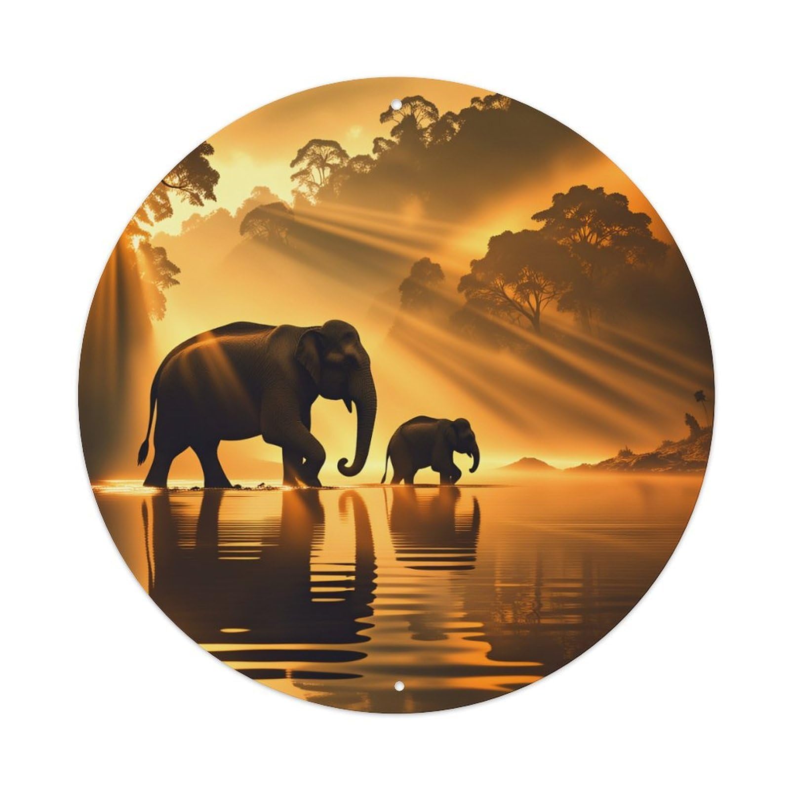 Golden Sunset Elephant Silhouette Reflection Metal Tin Sign Vintage Garden Bedroom Cafe Bar Man Cave Home Wall Decor Metal Poster 8x8 inches