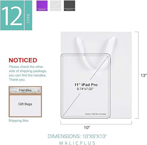 Miniatura 2 de MALICPLUS 12 bolsas de regalo grandes de 10 x 5 x 13 pulgadas, bolsas grandes de color blanco mate con asas para todas las ocasiones