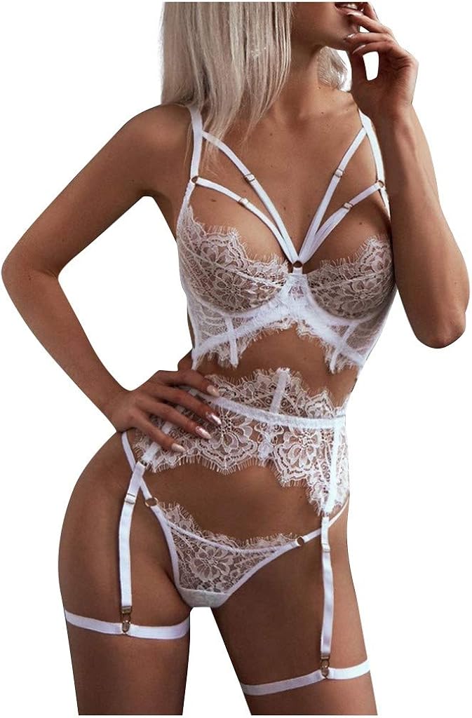 9 Piece Eyelash Lace Lingerie Sets For Women Strappy Bra + Panty With