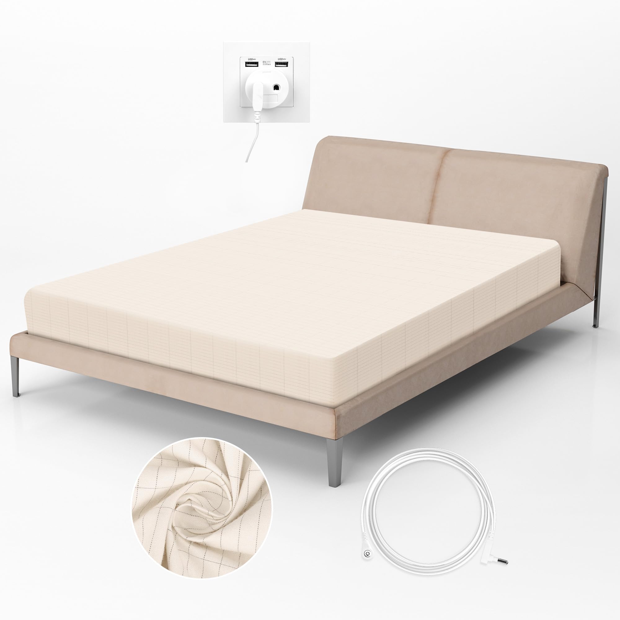RIQINXIN Drap-housse de mise à la terre - 140 x 200 x 33 cm - Avec câble de terre UE - Pour un meilleur sommeil - Beige