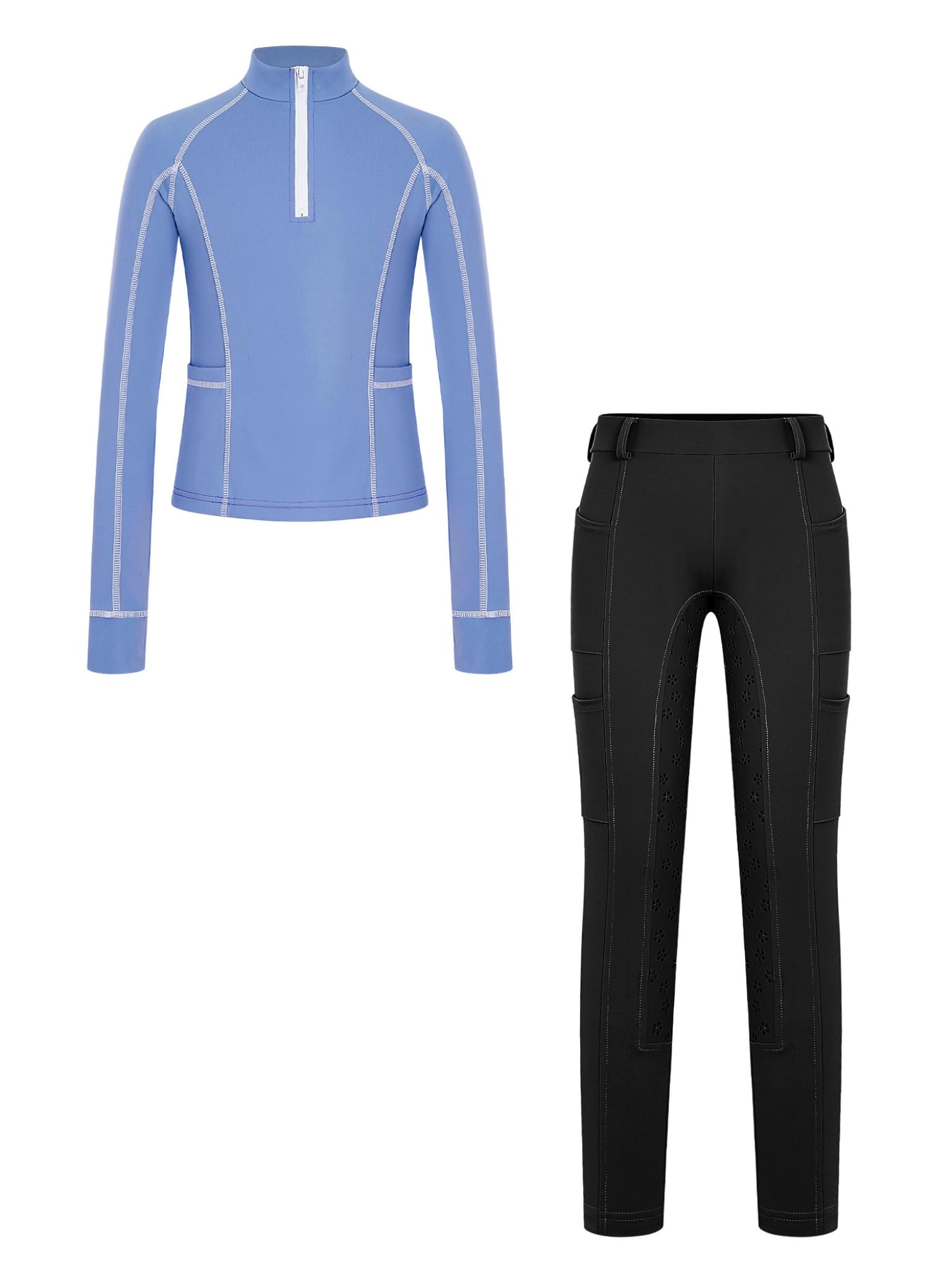 Dziewczęca koszulka do jazdy konnej i bryczesy, sport fitness, koszulka z długim rękawem, stójka, podkoszulek do jazdy konnej, slim fit, stretch, legginsy treningowe