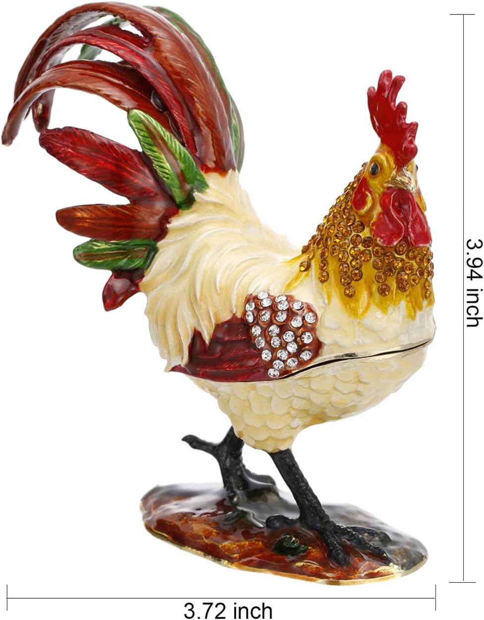 Hand Painted Enamel Hinged Trinket Box, Unique Mini Ring Necklace Jewelry Organizer, Classical Antique Bejeweled Storage, Figurine Collectible Keepsake Home Decor (Rooster)