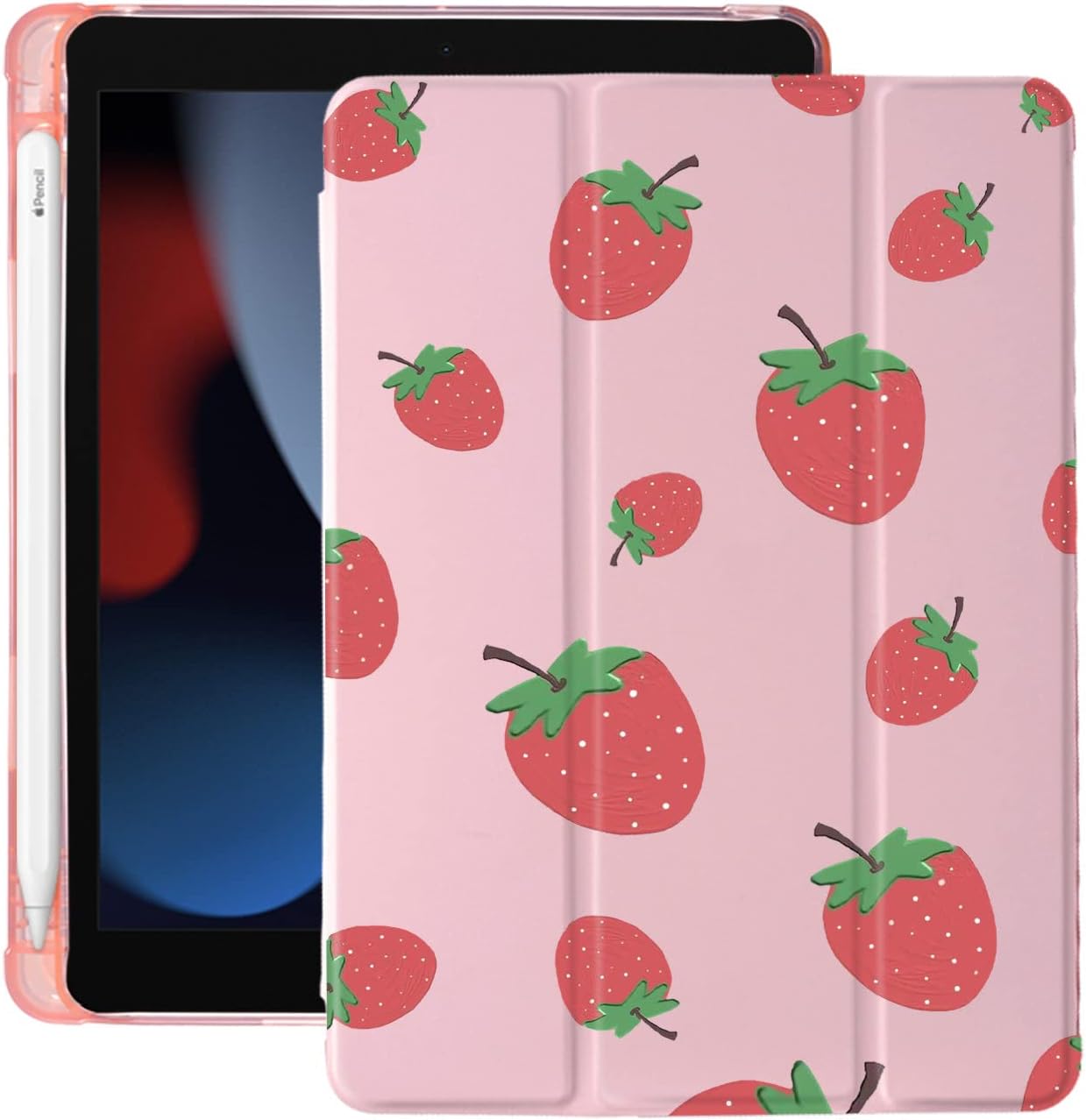 Cute Fruit Strawberry for iPad 7th/8th/9th Generation Case with Pencil Holder, Auto Sleep/Wake, Pink Leather Soft TPU Back Cover for iPad 10.2 Inch 2019/2020/2021