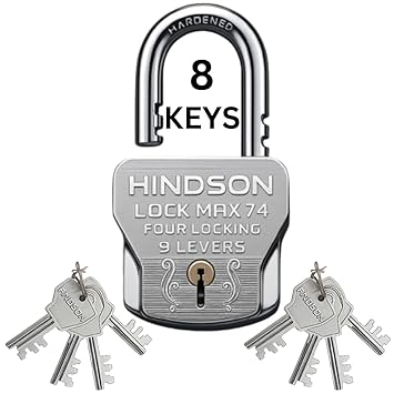 Hindson 8 Extra Keys MAX 74mm Hardened Shackle 4 Locking Padlock | 9 Levers Mechanism | Lock & Key | Chrome Finish Heavy Duty Big Size 610g Approx | 1 Padlock with 8 Keys for Home, Gate & Shutter Use
