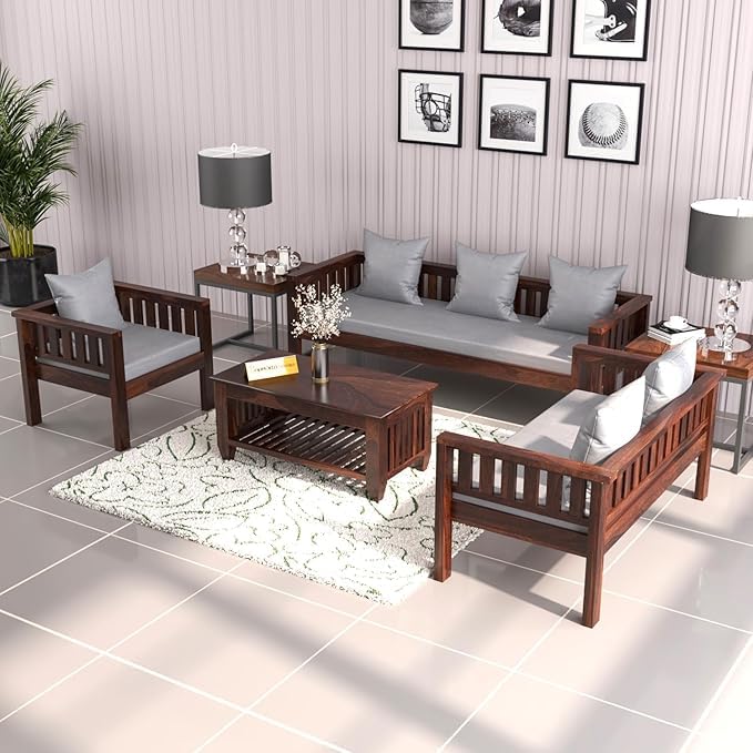 Image of Sheesham Wooden 6 Seater Sofa for Living Room | Rosewood 6 Seater Cushion Sofa Low Height | Solid Wood Sofa Set for Lounge (3+2+1,Walnut Finish)