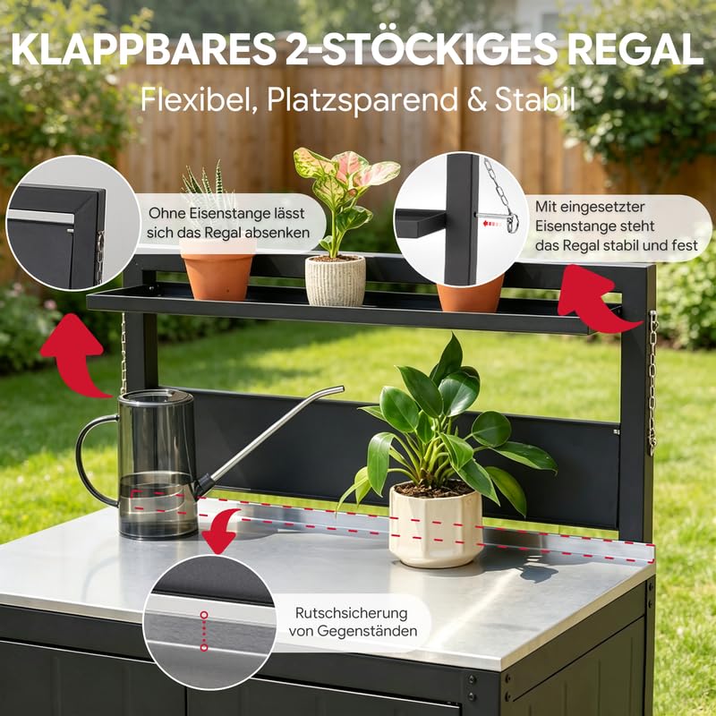 Feasto Gartenschrank wetterfest mit Edelstahl-Arbeitsplatte, 2 verstellbare Regalböden, Pflanztisch aus Metall für Gärten & Terrasse, 80x48x113 cm