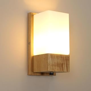 Comely Wandleuchte Innen Holz, Vintage E27 Wandlampe mit Glas Lampenschirm