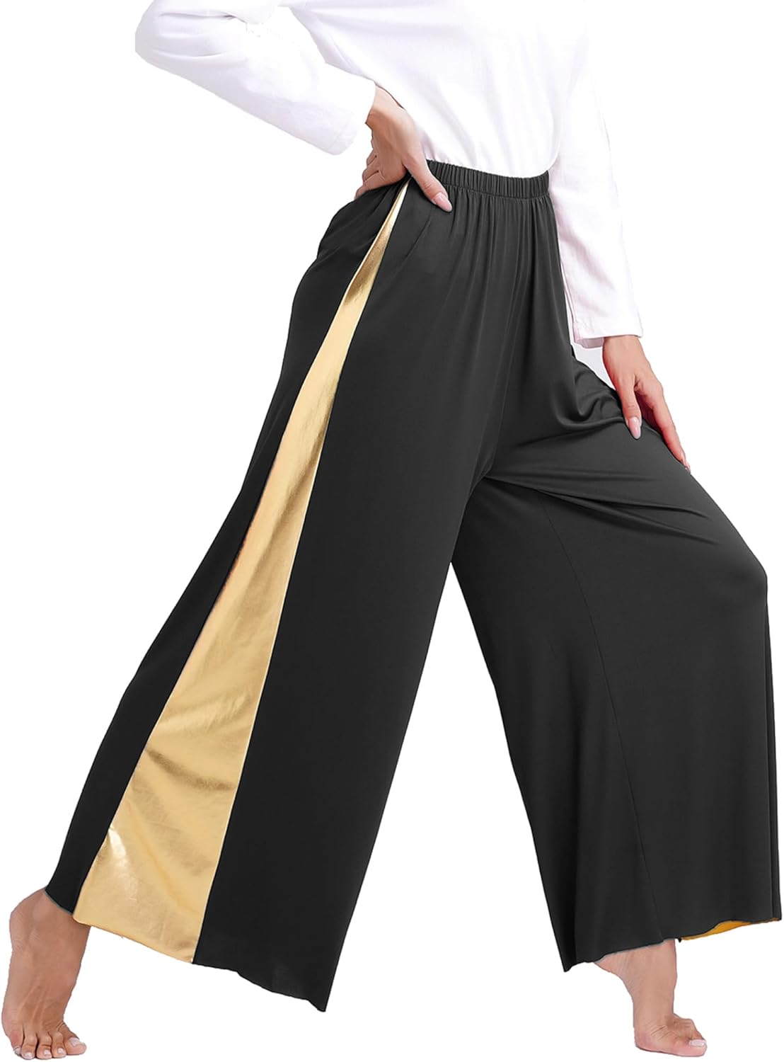 JEYPINMI Women's Liturgical Lyrical Dance Costume Gold Color Block Worship Praise Dance Dress with Baggy Pants